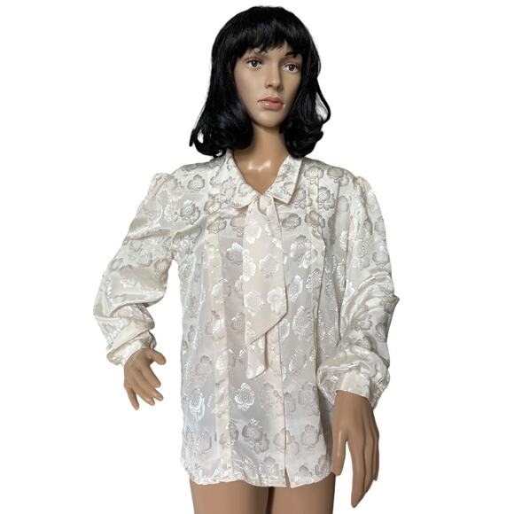 Vintage JOZELL Puff Sleeve 80's cream floral print blouse with necktie size 9/10 - Picture 1 of 16